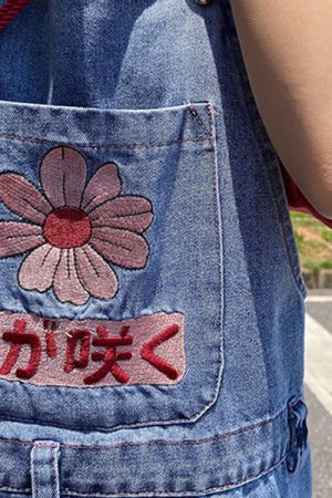 Cute Everyday Outfits, Outfit Inspo Casual Sakura Embroidery Dungaree Shorts