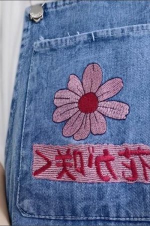 Cute Everyday Outfits, Outfit Inspo Casual Sakura Embroidery Dungaree Shorts