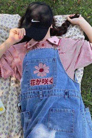 Cute Everyday Outfits, Outfit Inspo Casual Sakura Embroidery Dungaree Shorts