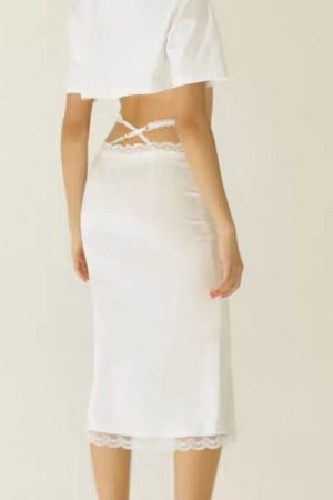 Cute Everyday Outfits, Outfit Inspo Casual Satin Coquette Bow Lace Midi Skirt