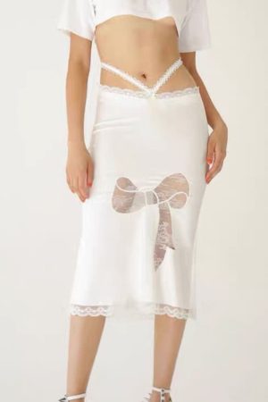 Cute Everyday Outfits, Outfit Inspo Casual Satin Coquette Bow Lace Midi Skirt