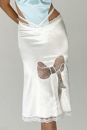 Cute Everyday Outfits, Outfit Inspo Casual Satin Coquette Bow Lace Midi Skirt