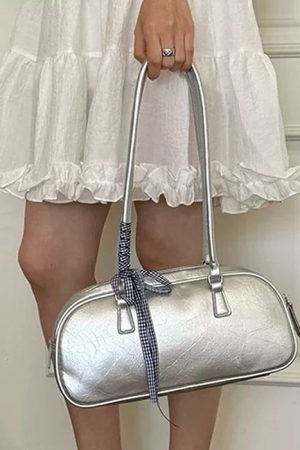 Cute Everyday Outfits, Outfit Inspo Casual Silver Shoulder Bag with Gingham Bow