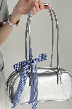 Cute Everyday Outfits, Outfit Inspo Casual Silver Shoulder Bag with Gingham Bow
