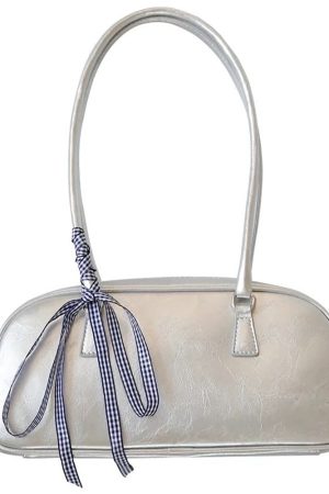 Cute Everyday Outfits, Outfit Inspo Casual Silver Shoulder Bag with Gingham Bow