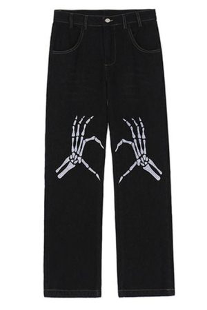 Cute Everyday Outfits, Outfit Inspo Casual Skeleton Hands Embroidery Jeans