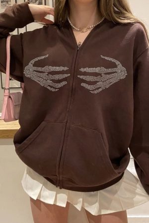 Cute Everyday Outfits, Outfit Inspo Casual Skeleton Hands Rhinestone Hoodie