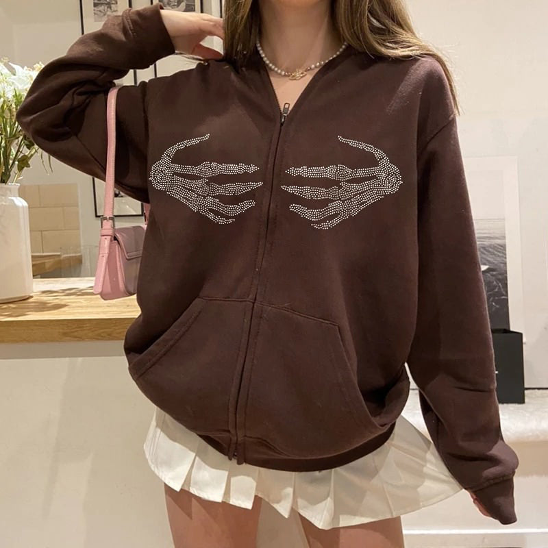 Cute Everyday Outfits, Outfit Inspo Casual Skeleton Hands Rhinestone Hoodie