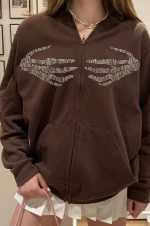 Cute Everyday Outfits, Outfit Inspo Casual Skeleton Hands Rhinestone Hoodie