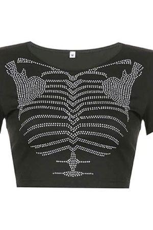Cute Everyday Outfits, Outfit Inspo Casual Skeleton Rhinestone Crop Top