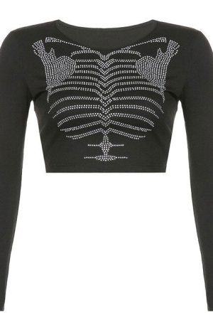 Cute Everyday Outfits, Outfit Inspo Casual Skeleton Rhinestone Long Sleeve Top