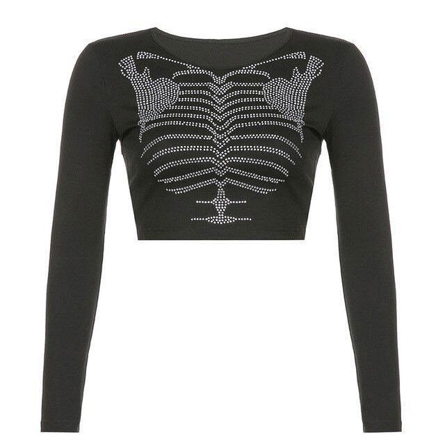 Cute Everyday Outfits, Outfit Inspo Casual Skeleton Rhinestone Long Sleeve Top