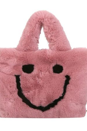 Cute Everyday Outfits, Outfit Inspo Casual Smiley Face Fuzzy Handbag