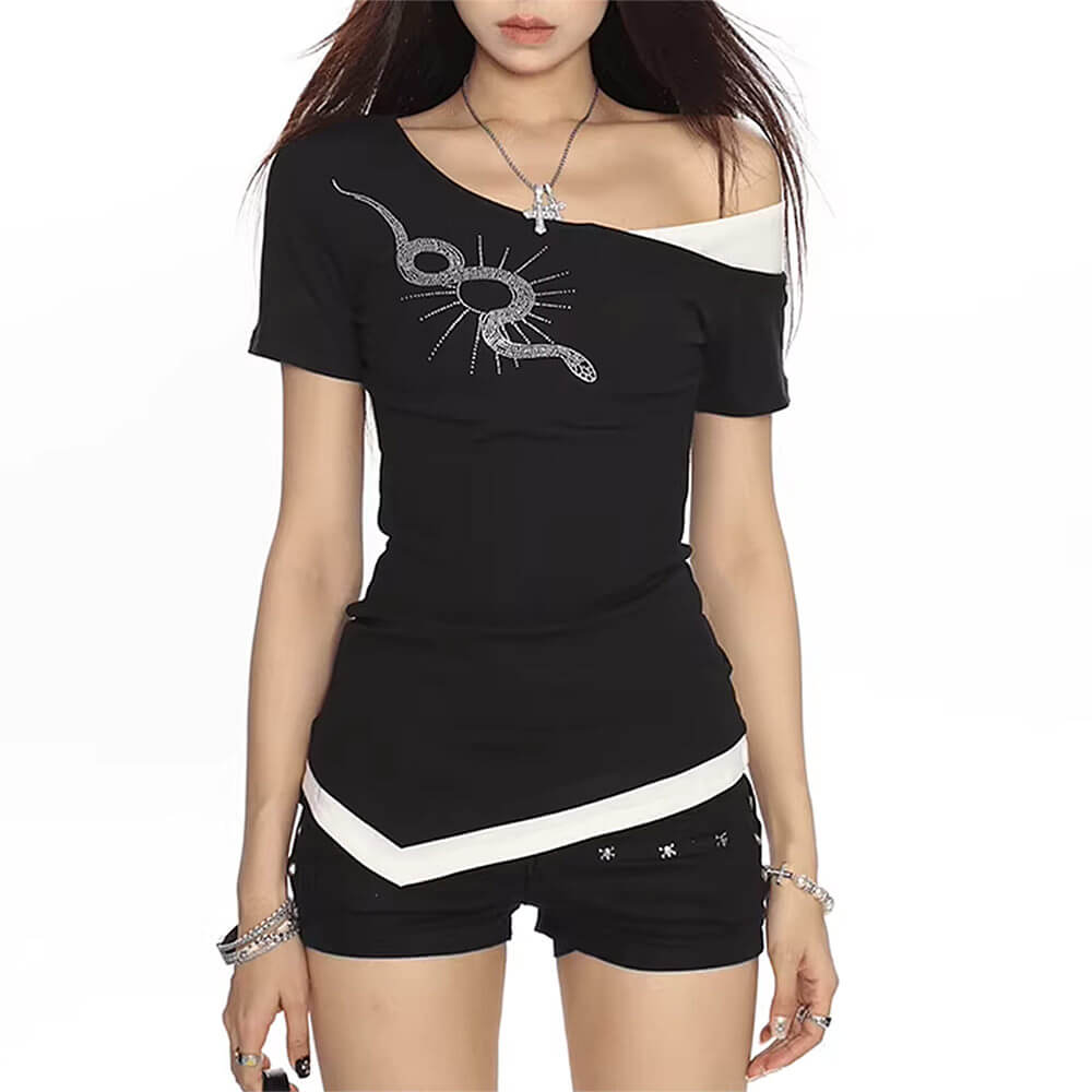 Cute Everyday Outfits, Outfit Inspo Casual Snake Star Rhinestone Off-Shoulder Top Cute Everyday Outfits, Outfit Inspo Casual Snake Star Rhinestone Off-Shoulder Top