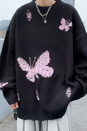 Cute Everyday Outfits, Outfit Inspo Casual Soft Boy Butterfly Embroidery Sweater