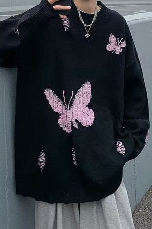 Cute Everyday Outfits, Outfit Inspo Casual Soft Boy Butterfly Embroidery Sweater