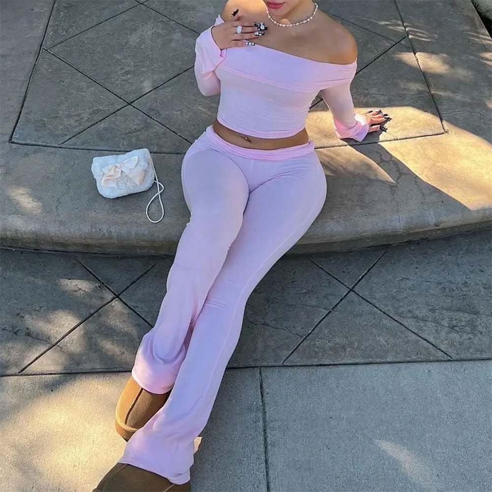 Cute Everyday Outfits, Outfit Inspo Casual Soft Girl Bardot Top & Flare Pants Co-Ord