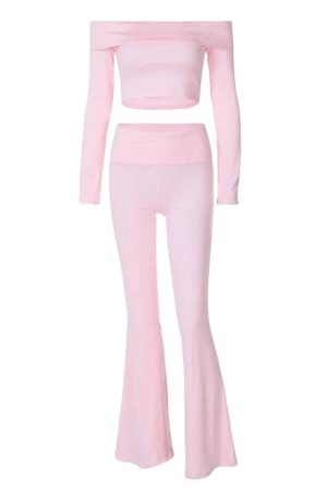 Cute Everyday Outfits, Outfit Inspo Casual Soft Girl Bardot Top & Flare Pants Co-Ord