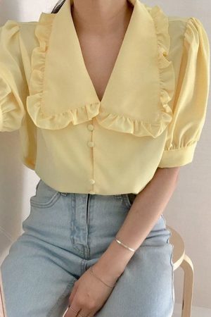 Cute Everyday Outfits, Outfit Inspo Casual Soft Girl Frill Collar Blouse
