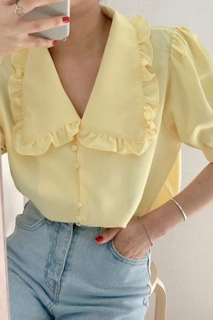 Cute Everyday Outfits, Outfit Inspo Casual Soft Girl Frill Collar Blouse
