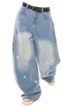Cute Everyday Outfits, Outfit Inspo Casual Star Embroidery Baggy Jeans