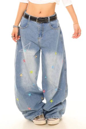 Cute Everyday Outfits, Outfit Inspo Casual Star Embroidery Baggy Jeans