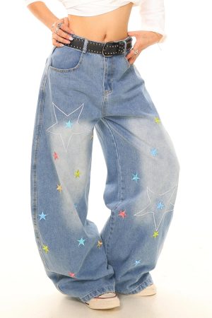Cute Everyday Outfits, Outfit Inspo Casual Star Embroidery Baggy Jeans