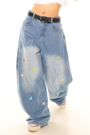 Cute Everyday Outfits, Outfit Inspo Casual Star Embroidery Baggy Jeans
