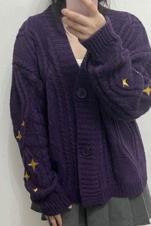 Cute Everyday Outfits, Outfit Inspo Casual Star Embroidery Purple Cardigan