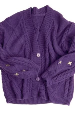 Cute Everyday Outfits, Outfit Inspo Casual Star Embroidery Purple Cardigan