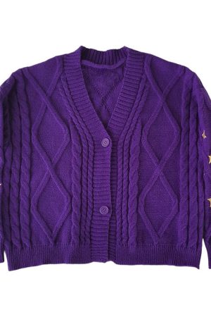 Cute Everyday Outfits, Outfit Inspo Casual Star Embroidery Purple Cardigan