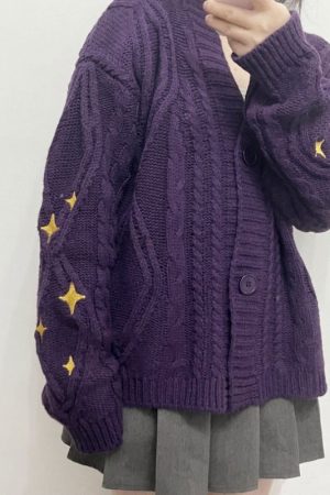 Cute Everyday Outfits, Outfit Inspo Casual Star Embroidery Purple Cardigan