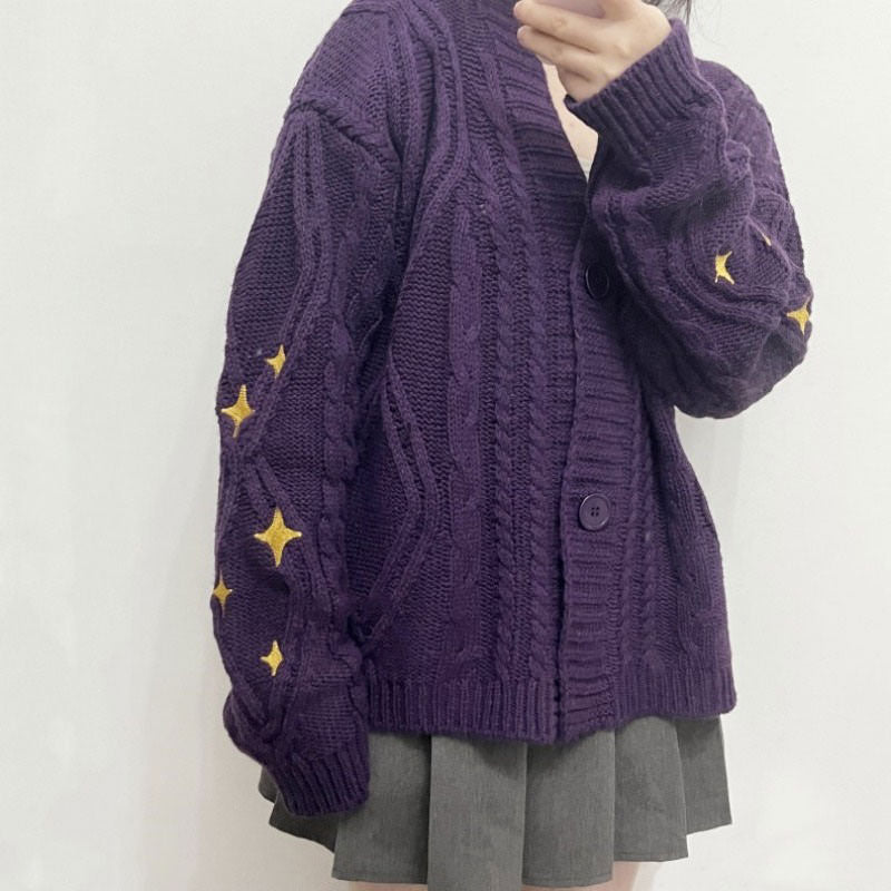 Cute Everyday Outfits, Outfit Inspo Casual Star Embroidery Purple Cardigan Cute Everyday Outfits, Outfit Inspo Casual Star Embroidery Purple Cardigan