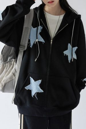 Cute Everyday Outfits, Outfit Inspo Casual Star Patch Aesthetic Zip Up Hoodie