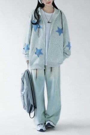 Cute Everyday Outfits, Outfit Inspo Casual Star Patch Aesthetic Zip Up Hoodie