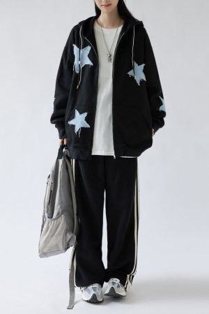 Cute Everyday Outfits, Outfit Inspo Casual Star Patch Aesthetic Zip Up Hoodie