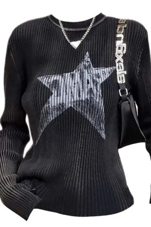 Cute Everyday Outfits, Outfit Inspo Casual Star Print Ribbed Long Sleeve Top