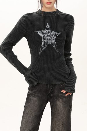 Cute Everyday Outfits, Outfit Inspo Casual Star Print Ribbed Long Sleeve Top