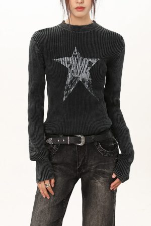 Cute Everyday Outfits, Outfit Inspo Casual Star Print Ribbed Long Sleeve Top