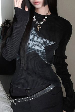 Cute Everyday Outfits, Outfit Inspo Casual Star Print Ribbed Long Sleeve Top