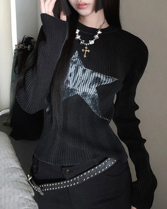 Cute Everyday Outfits, Outfit Inspo Casual Star Print Ribbed Long Sleeve Top Cute Everyday Outfits, Outfit Inspo Casual Star Print Ribbed Long Sleeve Top