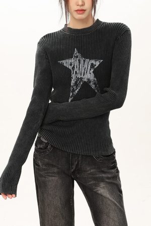 Cute Everyday Outfits, Outfit Inspo Casual Star Print Ribbed Long Sleeve Top