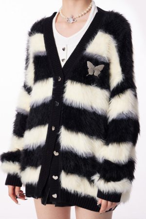 Cute Everyday Outfits, Outfit Inspo Casual Striped Fuzzy Butterfly Cardigan