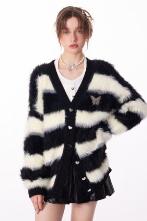 Cute Everyday Outfits, Outfit Inspo Casual Striped Fuzzy Butterfly Cardigan