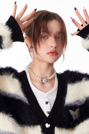 Cute Everyday Outfits, Outfit Inspo Casual Striped Fuzzy Butterfly Cardigan