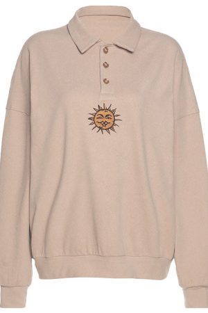 Cute Everyday Outfits, Outfit Inspo Casual Sun Embroidery Button Up Sweatshirt