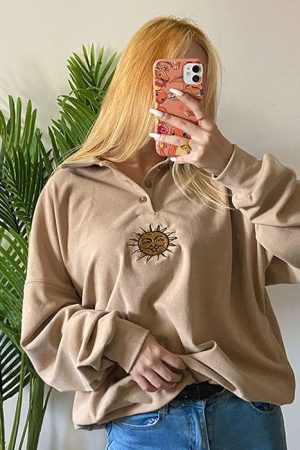 Cute Everyday Outfits, Outfit Inspo Casual Sun Embroidery Button Up Sweatshirt