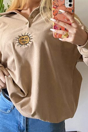 Cute Everyday Outfits, Outfit Inspo Casual Sun Embroidery Button Up Sweatshirt