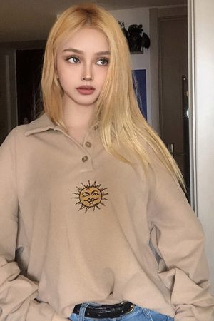 Cute Everyday Outfits, Outfit Inspo Casual Sun Embroidery Button Up Sweatshirt