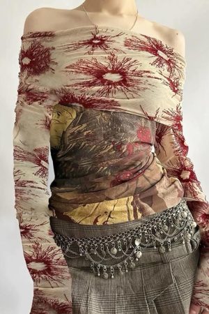Cute Everyday Outfits, Outfit Inspo Casual Sun Print Mesh Off-Shoulder Top